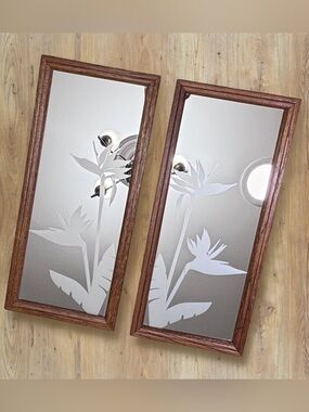 2 Vintage MCM 80s Frosted Etched Glass Mirror Wood Birds of Paradise 21" × 9.5"